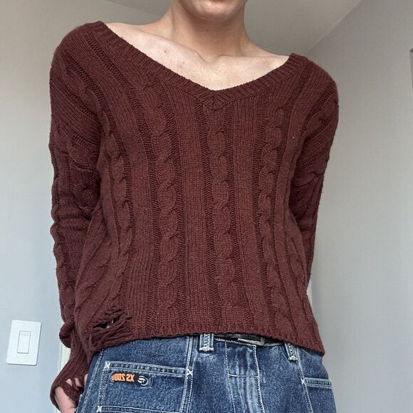 NSF Sweaters - NWT NSF Cable Knit Off Shoulder Brown Distressed Ripped Sweater Sz S